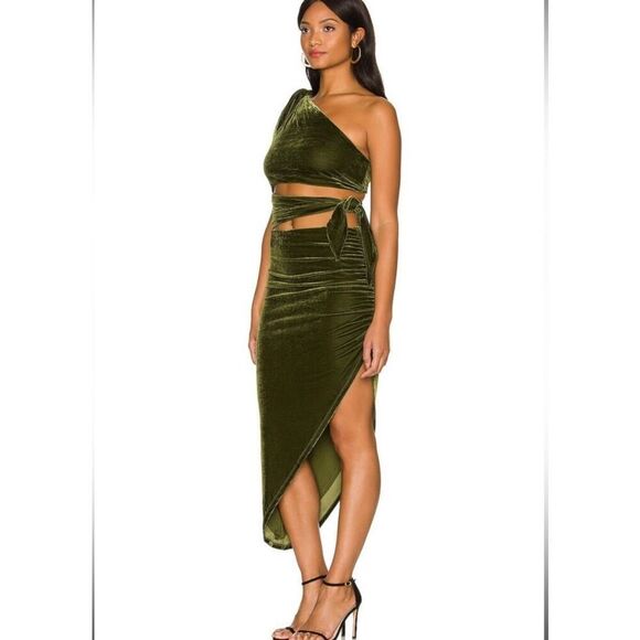 Lovers & Friends Tessa Midi Dark Green Velvet Slit  Dress, Size Small - Picture 3 of 7